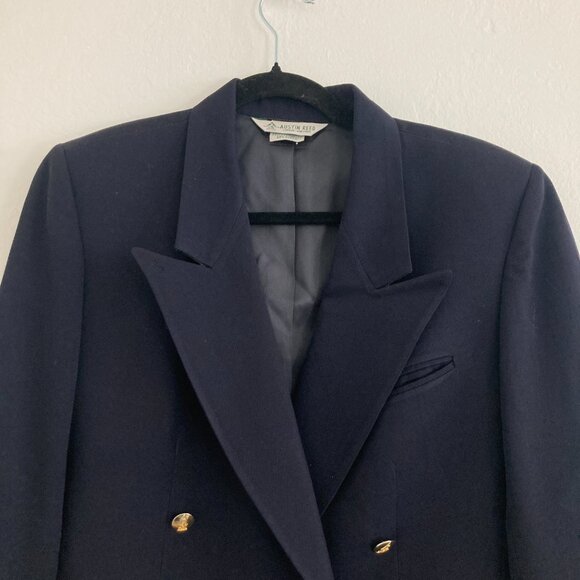 Vintage Austin Reed 100% Wool Navy Blue Blazer Double Breasted Preppy Academia 6 - Picture 2 of 14